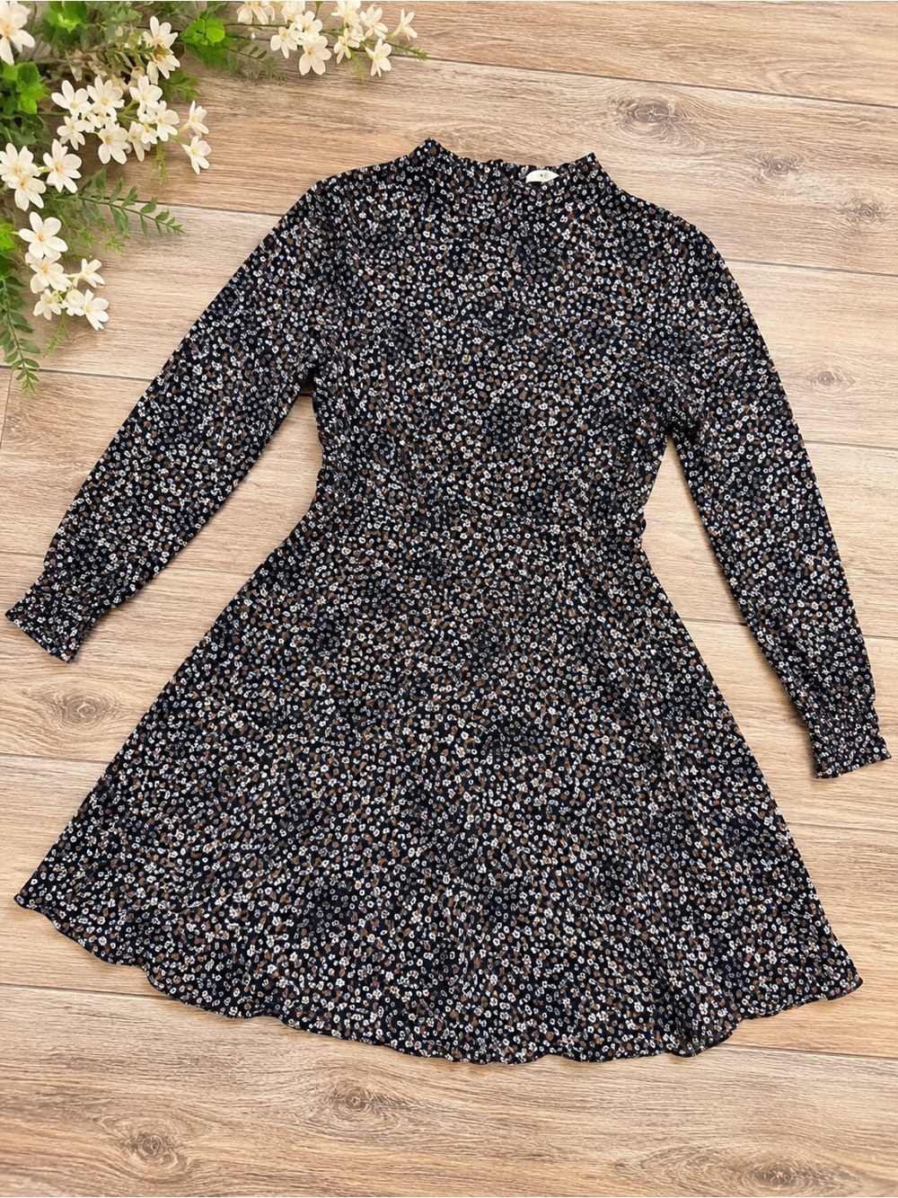 LOFT Black Floral Long-Sleeve A-Line Dress